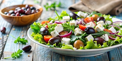 Fresh and healthy salad topped with crumbled feta cheese and savory olives, Greek, Mediterranean, cuisine, healthy photo