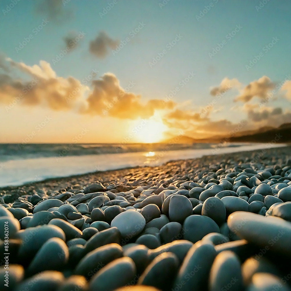 Obraz premium Sea beach with black stones in sunset sky landscape view