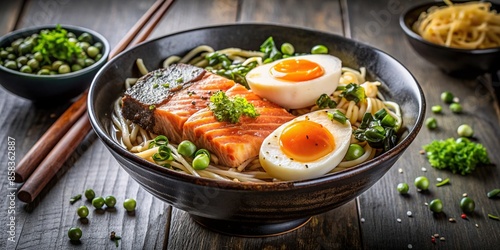 Ramen noodles with seared salmon fillet, soft boiled eggs, nori, and green onions on a white bowl, ramen