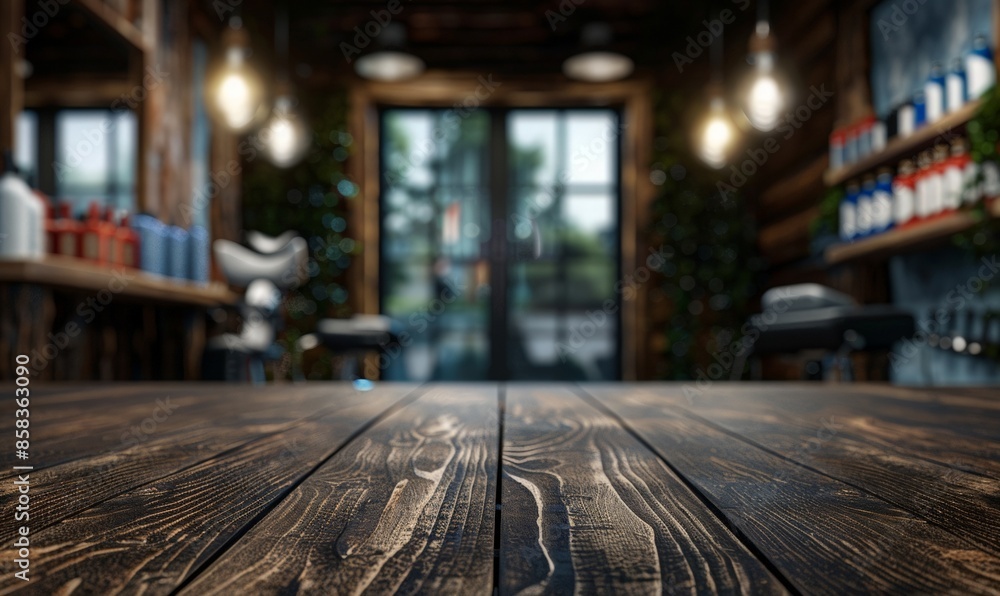 Empty old wooden surface on a blurred background of the barbershop. blank table on the background of a salon interior. Mock-up of a showcase for demonstrating products cosmetic. Copy space Empty old wooden surface on a blurred background of the barbershop. blank table on the background of a salon interior. Mock-up of a showcase for demonstrating products cosmetic. Copy space