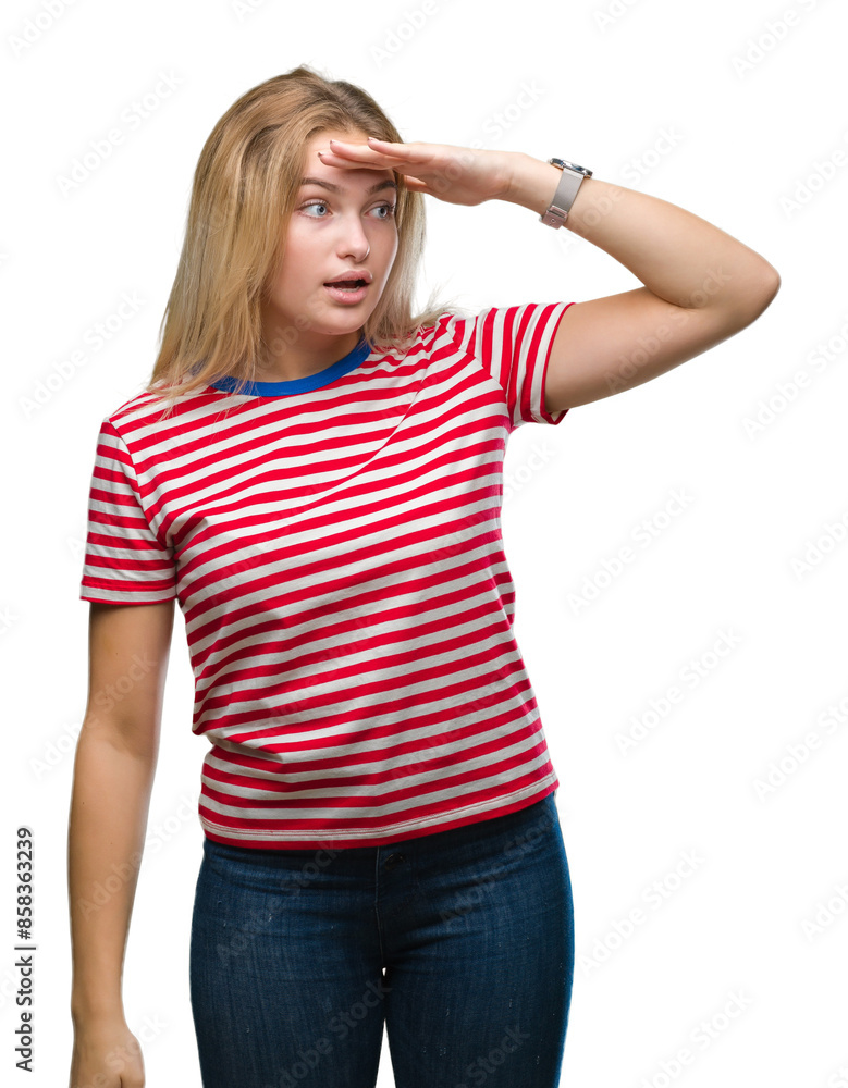 Young caucasian woman over isolated background very happy and smiling looking far away with hand over head. Searching concept. Young caucasian woman over isolated background very happy and smiling looking far away with hand over head. Searching concept.