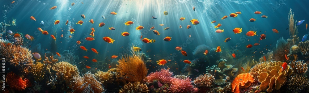 Fototapeta premium Many fish swimming in the ocean together, sea life background