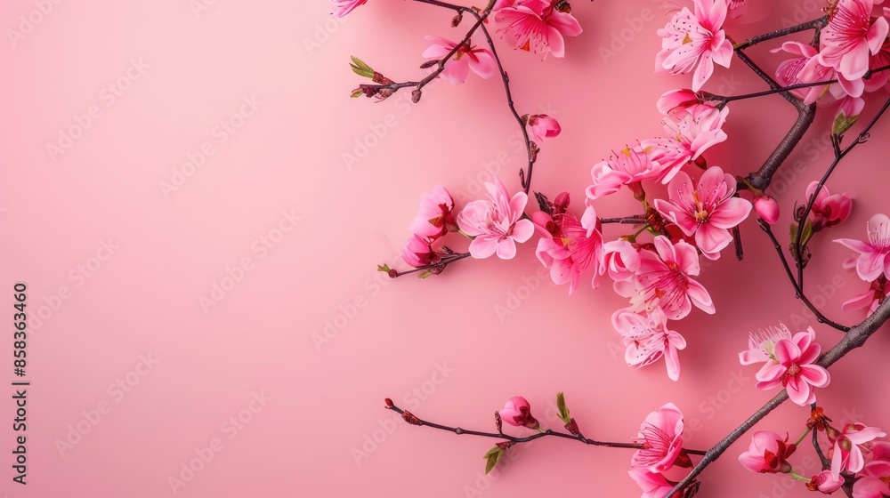 Spring Cherry Blossom Branch on Pink Background Banner with Copy Space Spring Cherry Blossom Branch on Pink Background Banner with Copy Space