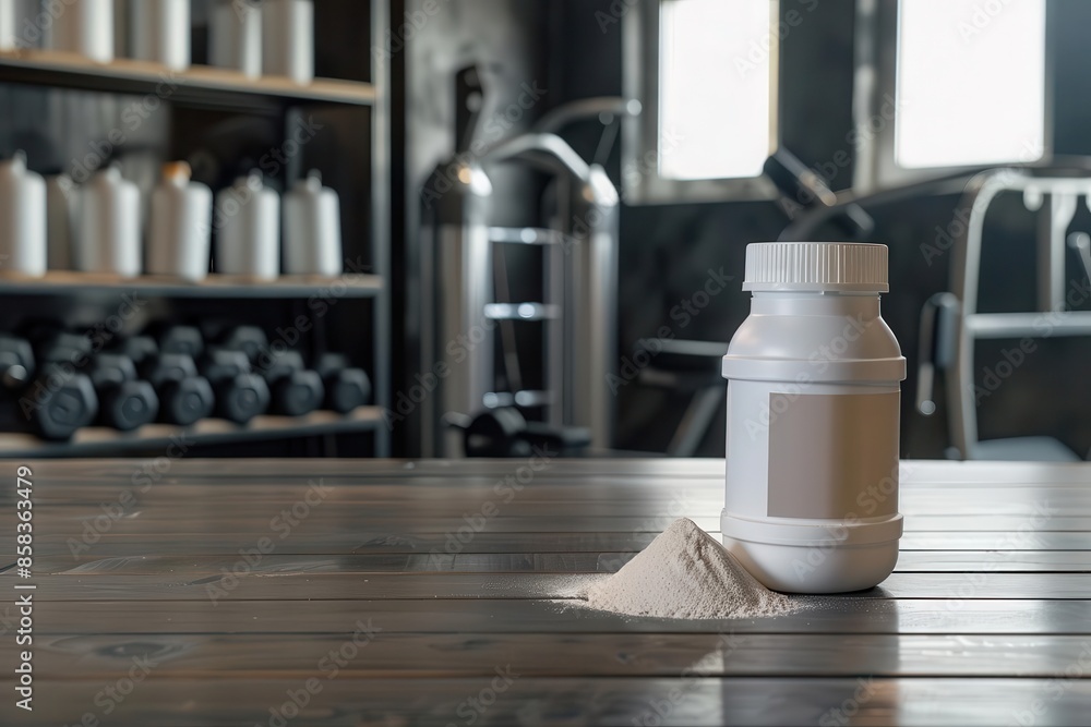 blank mockup jar of creatine monohydrate powder in gym setting sports nutrition for bodybuilding product photography blank mockup jar of creatine monohydrate powder in gym setting sports nutrition for bodybuilding product photography