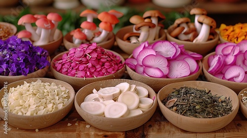   A tabletopped with bowls containing various mushroom and vegetable types is displayed next to one another photo