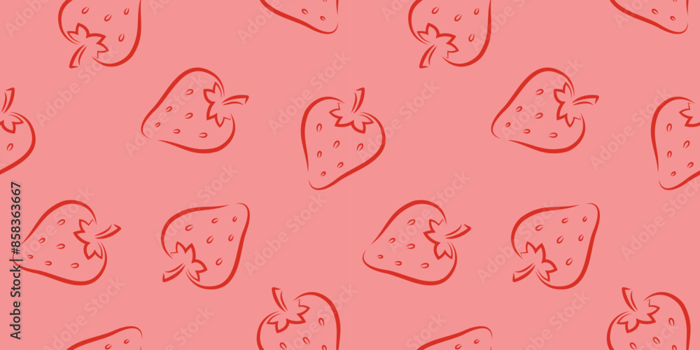 Seamless pattern with red outline strawberries on pink background, vector illustration,design for banner,print,textile,wrapping paper Seamless pattern with red outline strawberries on pink background, vector illustration,design for banner,print,textile,wrapping paper