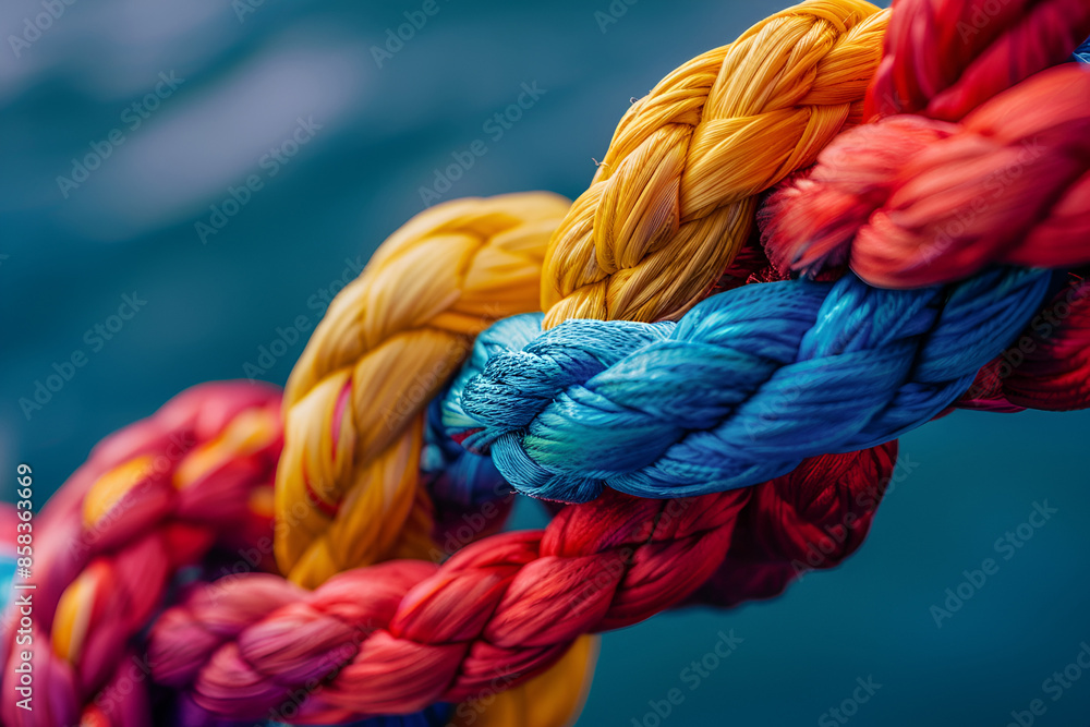 Colored ropes as a symbol of unity, strength, teamwork Colored ropes as a symbol of unity, strength, teamwork