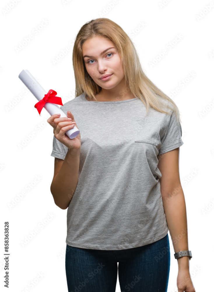 Young caucasian woman holding degree over isolated background with a confident expression on smart face thinking serious Young caucasian woman holding degree over isolated background with a confident expression on smart face thinking serious
