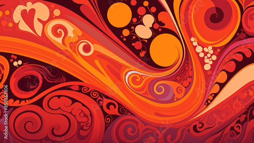 Vibrant Abstract Retro Pattern with Swirling Shapes and Bold Colors in Red and Orange Tones