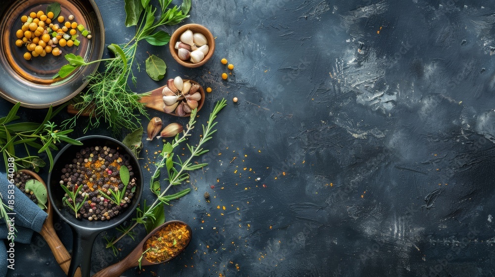 Culinary Herbs and Spices on Dark Surface Culinary Herbs and Spices on Dark Surface