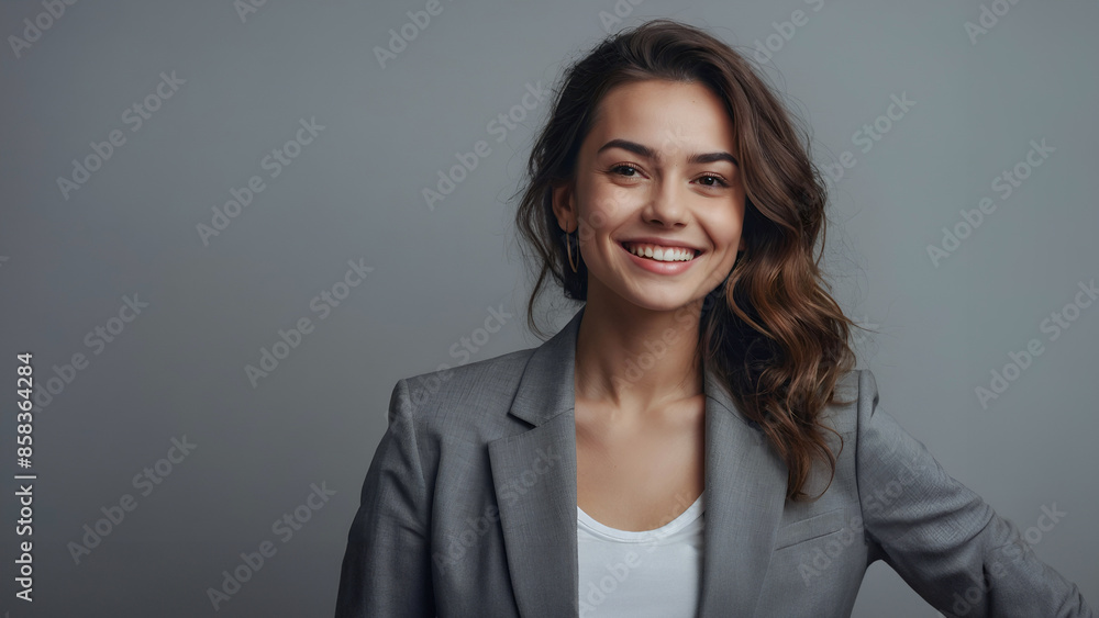 Happy young business woman posing isolated over grey wall background. Happy young business woman posing isolated over grey wall background.