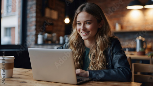 Happy young woman working on laptop computer and drinking coffee at coffee shop.