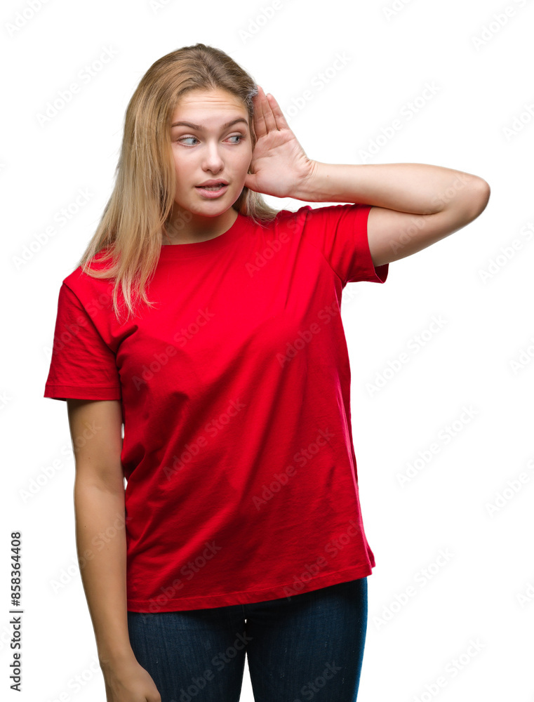 Young caucasian woman over isolated background smiling with hand over ear listening an hearing to rumor or gossip. Deafness concept. Young caucasian woman over isolated background smiling with hand over ear listening an hearing to rumor or gossip. Deafness concept.