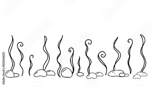 Horizontal Seabed, Marine Composition. Seaweeds and Stones. Hand drawn simple line art. Nautical Vector illustration in Doodle style isolated on white background.