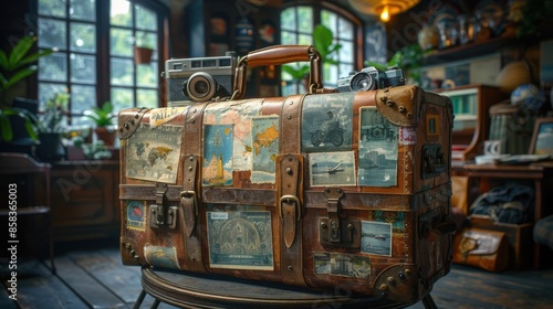 Suitcase with pictures on it sitting on a stool, Travel concept
