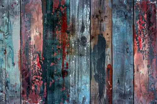 Rustic background texture of colorful wooden panels with peeling paint, forming a grunge background with space for copy © Enigma