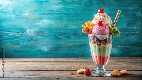 Colorful retro style ice cream float with assorted flavors and toppings, ice cream, float, retro, vintage, colorful photo