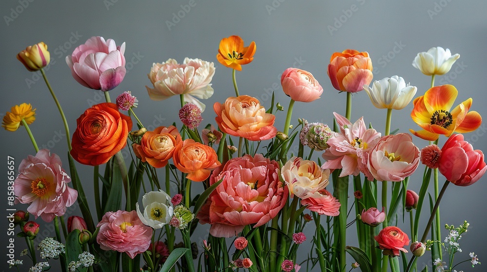 Fototapeta premium A bouquet of flowers in a vase on a table against a gray backdrop