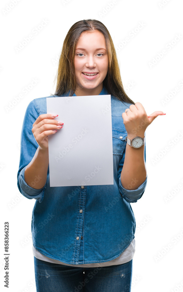 Young caucasian woman holding blank paper sheet over isolated background pointing and showing with thumb up to the side with happy face smiling Young caucasian woman holding blank paper sheet over isolated background pointing and showing with thumb up to the side with happy face smiling