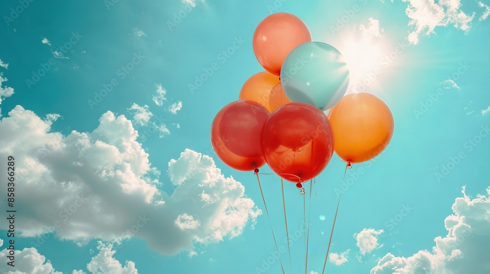 Blue sky and clouds with sun shining through, as a group of balloons float effortlessly Blue sky and clouds with sun shining through, as a group of balloons float effortlessly