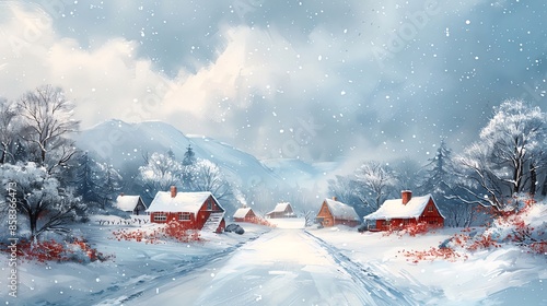 Snowcovered farmhouses at the edges, open middle space, rustic winter charm, farmhouse handdrawn art, ideal for inviting backgrounds