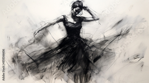 wide entertainment banner, black and white illustration charcoal pencil sketch drawing of women dancing and performing on stage with beautiful long dress, active live event scene in white background