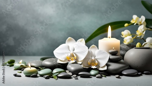 Zen stones, candles and white orchid flower on green and grey background 