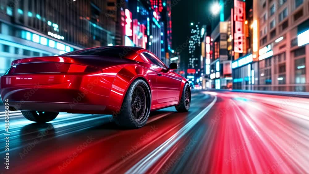 Red Sports Car Races Through City Streets at Night. Speed, Power Concept. Light Drive Through a Vibrant City. Red Car Speeds Through Streets with Blurred Lights. Seamless Looping Animation. Red Sports Car Races Through City Streets at Night. Speed, Power Concept. Light Drive Through a Vibrant City. Red Car Speeds Through Streets with Blurred Lights. Seamless Looping Animation.