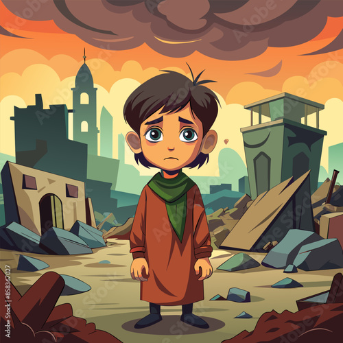 A boy is standing in a war-torn place