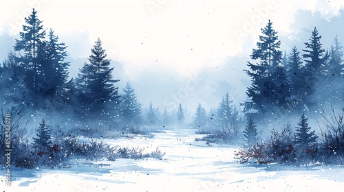 Snowcovered fields with trees forming a border, blank central area, vast winter landscape, expansive handdrawn style, ideal for wideopen countryside scenes photo