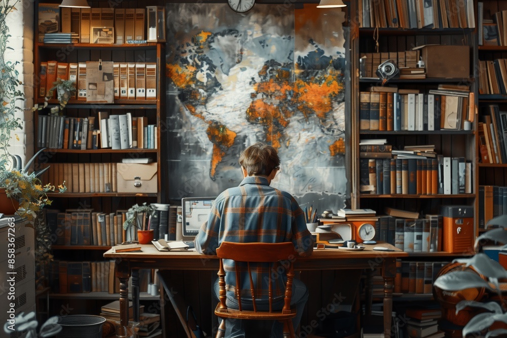 Man Working at Desk With World Map and Bookshelves in the Background Man Working at Desk With World Map and Bookshelves in the Background