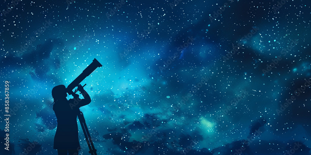 A person with a telescope observing the night sky filled with stars, symbolizing curiosity and exploration in space science A person with a telescope observing the night sky filled with stars, symbolizing curiosity and exploration in space science