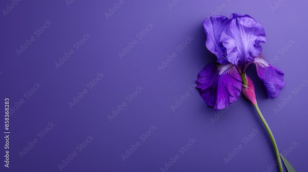 Delicate Iris Flower on Letter Envelope Against Purple Background Delicate Iris Flower on Letter Envelope Against Purple Background