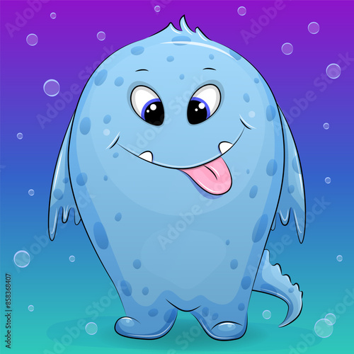 Cute cartoon blue baby monster in the water. Vector illustration of a water creature on the blue background. photo