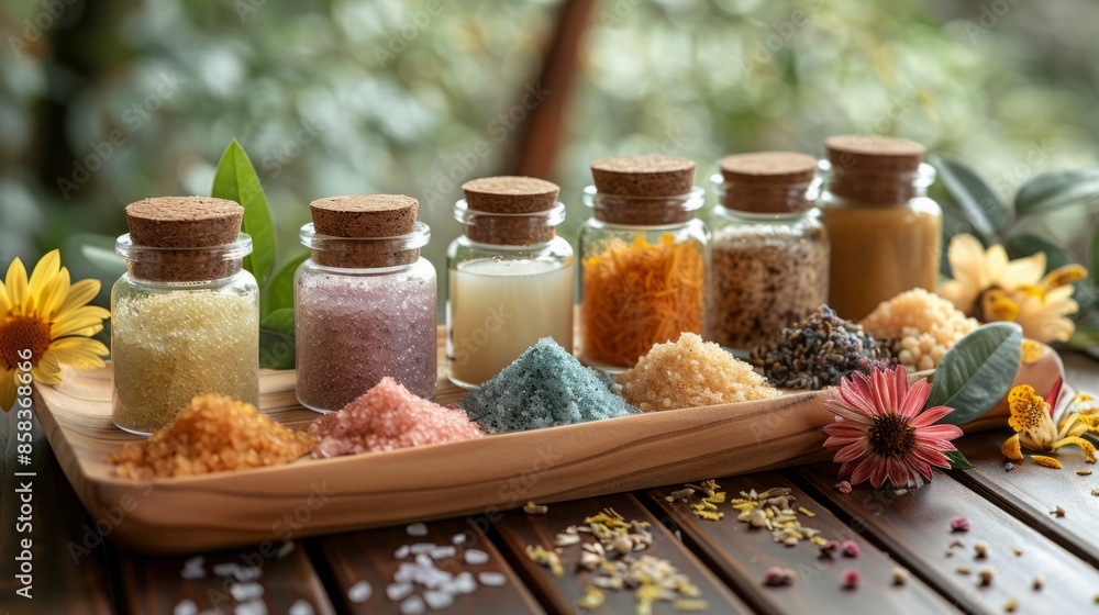 A wooden tray holds several glass jars filled with colorful bath salts, surrounded by flowers. The jars have cork lids and are arranged in a row A wooden tray holds several glass jars filled with colorful bath salts, surrounded by flowers. The jars have cork lids and are arranged in a row