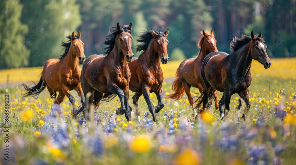 Horses Galloping Through a Field of Flowers Horses Galloping Through a Field of Flowers