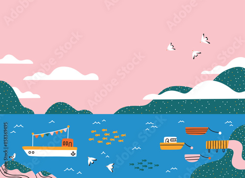 Cartoon landscape with a beautiful bay, vector illustration
