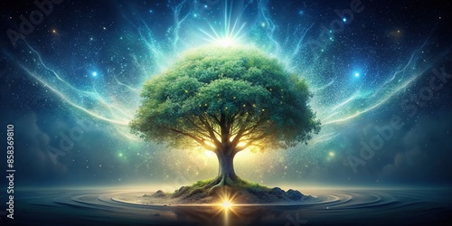 A mystical sacred tree emanating a soft inner glow, sacred, tree, glowing, inner light, mystical, magical photo
