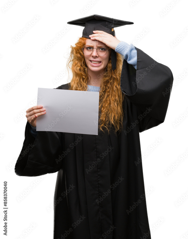 Young redhead woman wearing graduate uniform holding degree stressed with hand on head, shocked with shame and surprise face, angry and frustrated. Fear and upset for mistake. Young redhead woman wearing graduate uniform holding degree stressed with hand on head, shocked with shame and surprise face, angry and frustrated. Fear and upset for mistake.