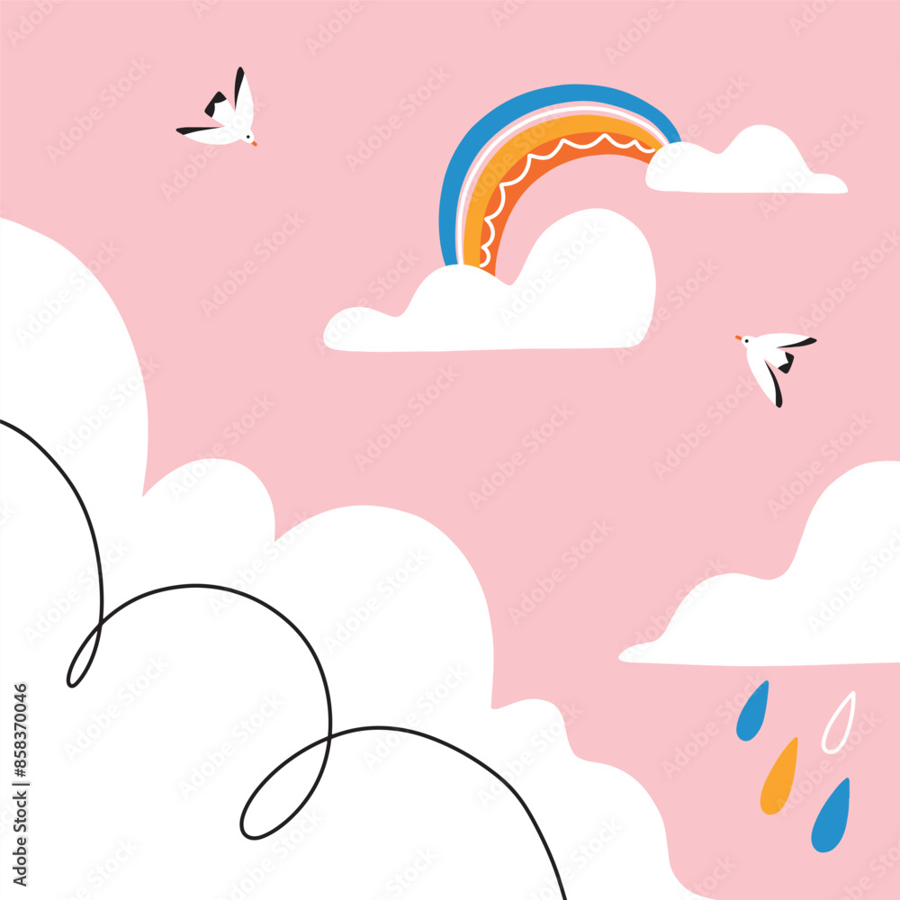 Cartoon skyscape with puffy clouds, vector illustration Cartoon skyscape with puffy clouds, vector illustration