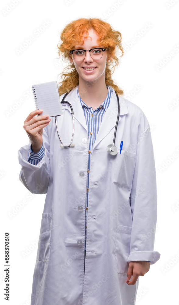 Young redhead doctor woman holding blank notebook with a happy face standing and smiling with a confident smile showing teeth Young redhead doctor woman holding blank notebook with a happy face standing and smiling with a confident smile showing teeth