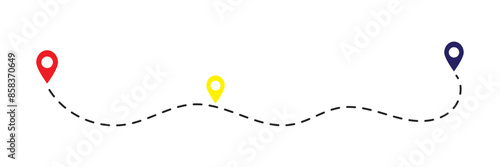 Route location icon, three map pin sign and road or path, start and end journey symbol, black color vector illustration isolated on white background