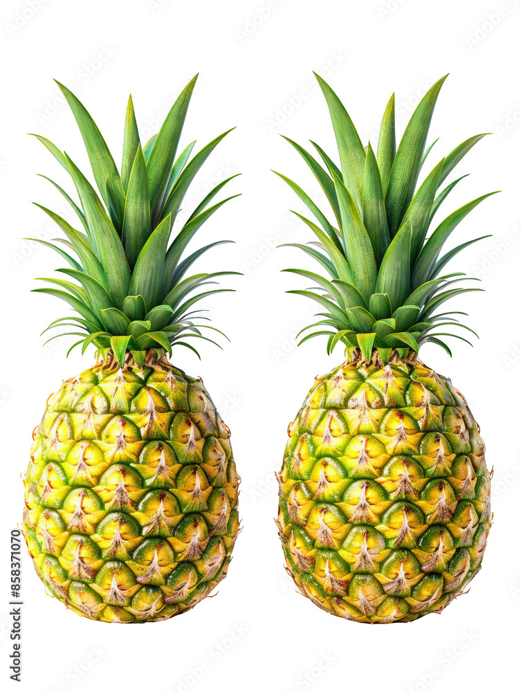 Two ripe pineapples with green tops, isolated on a white background. Two ripe pineapples with green tops, isolated on a white background.