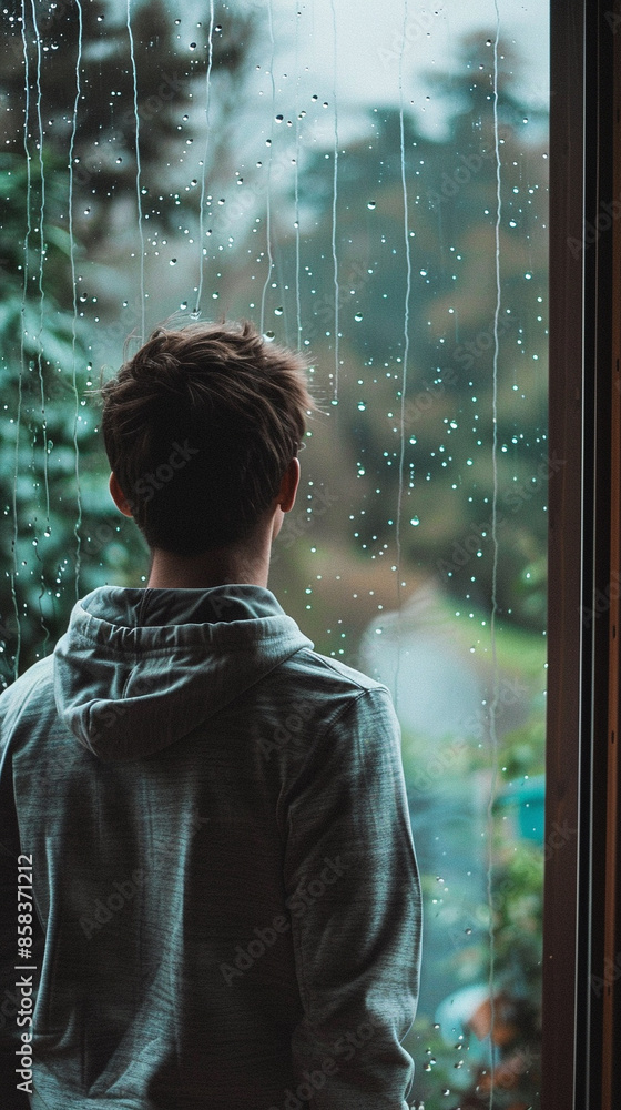 Young man standing by a window, gazing out at the rain, lost in thought Young man standing by a window, gazing out at the rain, lost in thought