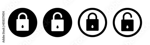 Lock and unlock icon set in circle and stroke style in black and white color rounded square style. Lock icon collection. Locked and unlocked black stroke icon. Flat security symbol. Vector Icon.