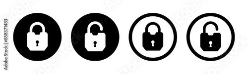 Lock and unlock icon set in circle and stroke style in black and white color unique style. Lock icon collection. Locked and unlocked black stroke icon. Flat security symbol. Vector Icon.
