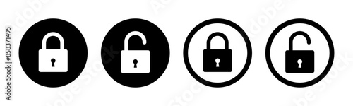 Lock and unlock icon set in circle and stroke style in black and white color in square style. Lock icon collection. Locked and unlocked black stroke icon. Flat security symbol. Vector Icon.