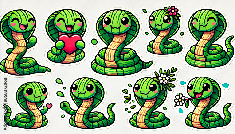 Obraz premium Cute cartoon snake stickers with various expressions and poses, perfect for children’s products, educational materials, merchandise, stationery, and playful designs.