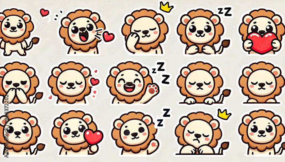 Cute cartoon lion stickers with various expressions and poses, perfect for children’s products, educational materials, merchandise, stationery, and playful designs. Cute cartoon lion stickers with various expressions and poses, perfect for children’s products, educational materials, merchandise, stationery, and playful designs.