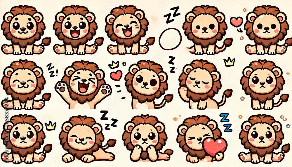 Obraz premium Cute cartoon lion stickers with various expressions and poses, perfect for children’s products, educational materials, merchandise, stationery, and playful designs.